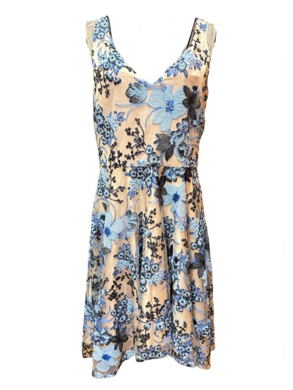 Belle Badgley Mischka Beige Lace Fit & Flare Dress Blue Floral Appliqué